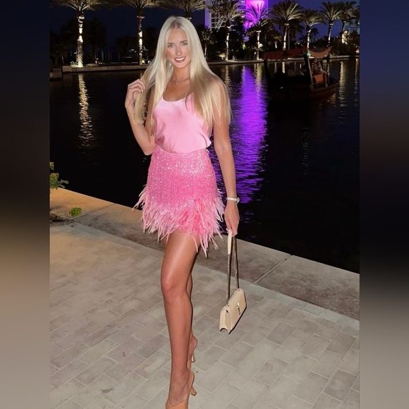 NWT Nadine Merabi Sara Pink Beaded Fringe Feathered Skirt Size XS/2 - Picture 9 of 13